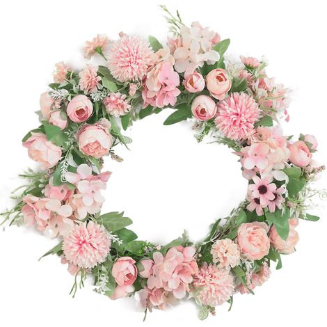 Künstlicher Türkranz, 40 cm (15,7 Zoll), auffälliger Pfingstrosen-Hortensien-Blumenkranz für Zuhause, Partys, Hochzeiten, Dekoration, Hellrosa (1/5)