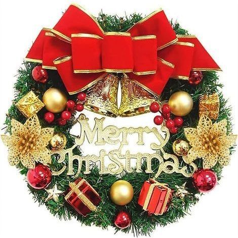 Weihnachtskranz für die Tür, 35 cm, hängender künstlicher Blumenkranz mit Schleife und Glöckchen, Girlande für den Weihnachtsbaum, Türdekoration für Kamin, Rahmen und Wand (1/5)