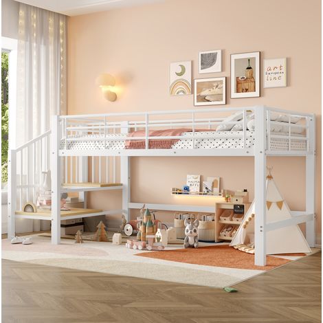 Letto a soppalco 250x95x110 cm, con scala contenitore integrata, rete inclusa, telaio in metallo e MDF bianco (1/5)