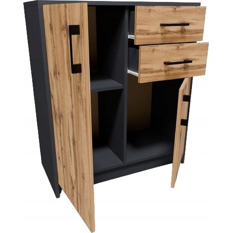 Buffet graphite 2 portes 2 tiroirs – Meuble de rangement contemporain 74 x 35 x 85 cm – Panneau stratifié 16 mm – Poignées en satin