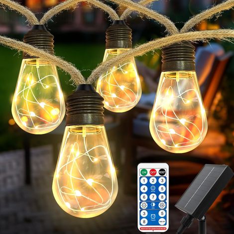 Guirlande lumineuse LED Extérieur et Intérieur, 6M Vintage Guirlande électrique avec corde de chanvre, 20 ampoules LED 8 modes Déco pour jardins Fête Balcon Chambre (1/5)