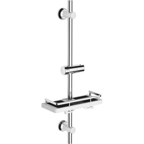 Görbach Barre de douche inox 70 cm avec tablette de douche, support de douchette réglable, installation sans reperçage, fixation murale adaptable aux trous existants, chromée (1/5)