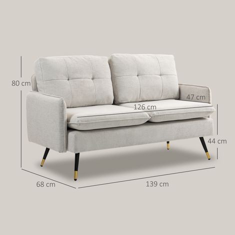 Canapé deux places en tissu aspect lin, avec pieds en acier et coussins rembourrés, 139 x 68 x 80 cm, blanc crème. (1/5)