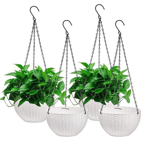 Lot de 4 pots de fleurs suspendus, arrosage automatique, diamètre 21 cm, plastique résistant, intérieur/extérieur