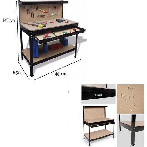 Établi d'atelier en acier et MDF 115 x 55 x 140 cm – Paroi perforée avec crochets inclus – Tiroir et étagère pour rangement optimisé