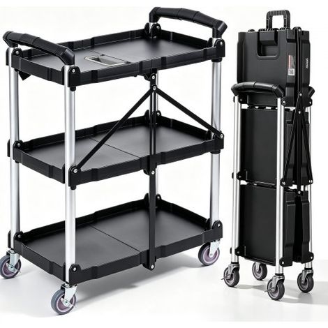 Chariot de Service 65x39x83 cm Chariot de Transport Utilitaire Pliable 3 Étagères Capacité Totale 74,8 kg 25 kg/Étagère Roues Pivotantes (2 avec Freins) pour Outils de Garage Entrepôt Bureau (1/4)