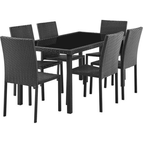 Les Tendances – Ensemble repas de jardin 6 places – Table 160x80 cm en verre trempé – Chaises en résine tressée – Noir (1/5)