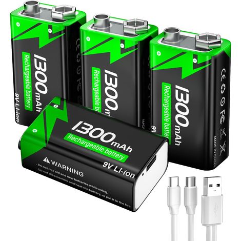 Piles 9V Rechargeables, 9 Volt Piles Carrées Lithium-ION Batteries avec Port de Charge USB-C Rapide pour Microphone, Détecteur de fumée, Jouets électroniques etc (Lot de 4) (1/5)