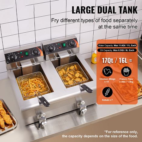 Friteuse électrique professionnelle comptoir double cuve 3000W acier inoxydable 2x11,6L avec panier, filtre à huile, minuterie et thermostat, pour cuisine resto (1/5)