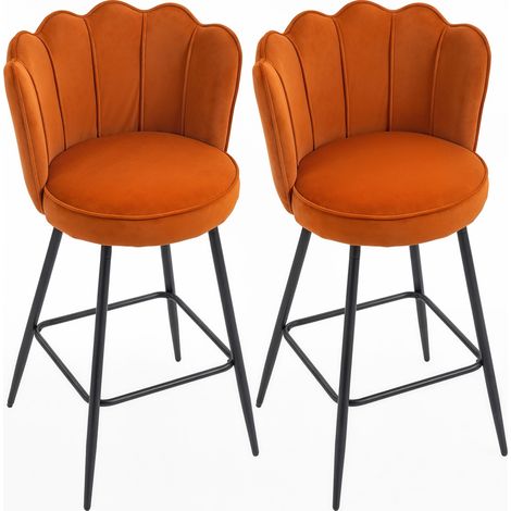 Set of Two Velvet-Feel Lotus Bar Stools - Orange (1/5)