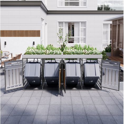 Armario para cubos de basura 4 compartimentos negro en hierro con jardinera y ventilación (1/5)