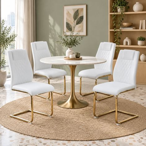 Skandinavische Esszimmerstühle aus weißem PU, 4er-Set, goldfarbene Metallbeine, 97 cm (1/5)