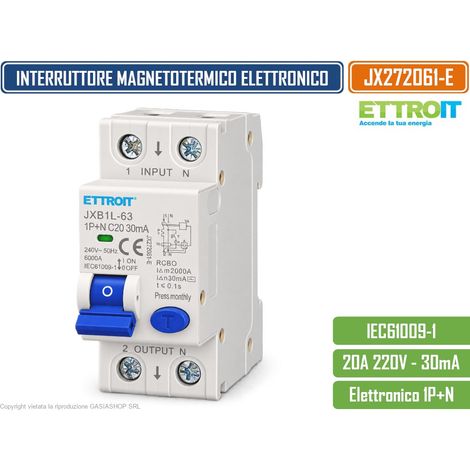 ETTROIT JX272061-E INTERRUTTORE MAGNETOTERMICO DIFFERENZIALE SALVAVITA ELETTRONICO RCBO 1P+N 20A C20 30MA 6KA 240V 2 MODULI DIN (1/4)