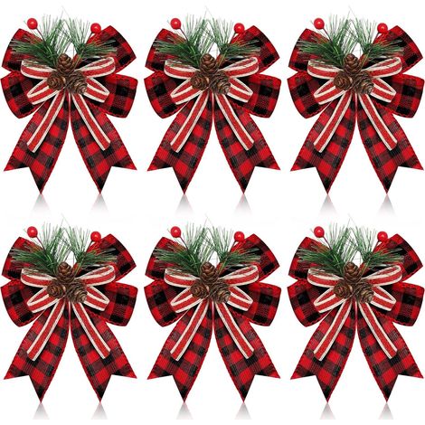 Bow - Burlap Plaid - Pine Cones And Pine Needles - Christmas Tree Decoration - 6 Pieces (1/5)