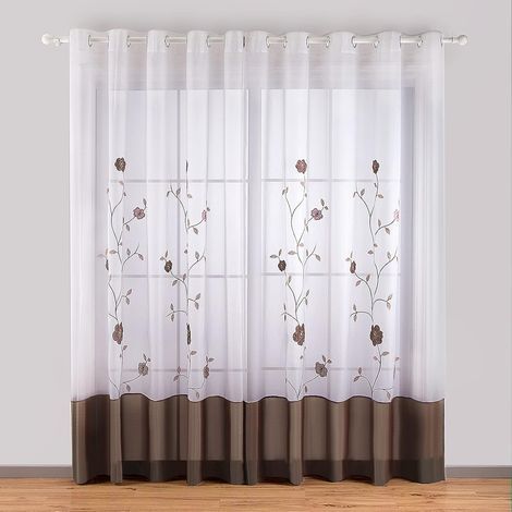 1 Pièce Rideaux à Oeillets Voilages Broderie Floral pour Chambre Cuisine Salon (1 Panneau (Largeur 140cm x Hauteur 260cm), Marron)-Ensoleillé (1/5)