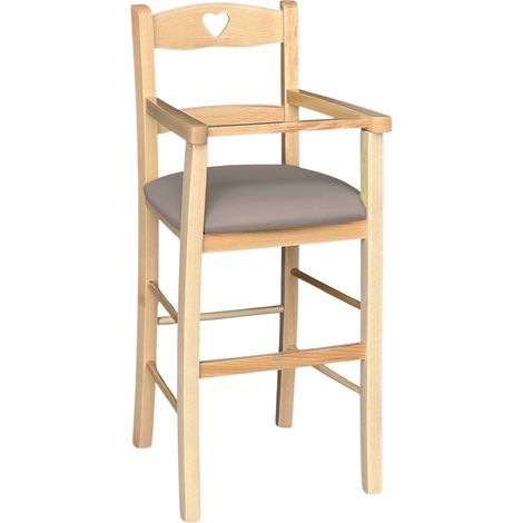 Okaffarefatto – Chaise haute bébé en bois hêtre naturel – Siège rembourré similicuir gris taupe – Hauteur 58 cm – Pour enfants 2-5 ans (1/5)