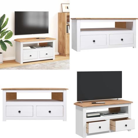 Vidaxl – Meuble TV d'angle blanc 93x49x49 cm en pin massif – 2 tiroirs et compartiment ouvert – Rangement élégant pour salon (1/5)