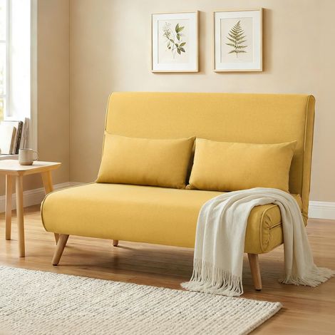 Sofá Cama de 2 Plazas Plegable Sofá Cama Tapizado en Lino con Respaldo Ajustable 5 Posiciones 2 Almohadas Amarillo (1/5)