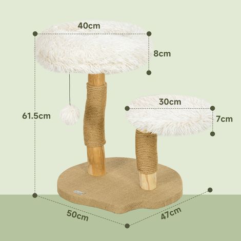 Arbre à chat 61,5 cm avec balle, coussins moelleux, griffoir et tour, bois poirier blanc, idéal chaton léger (5 kg). (1/5)