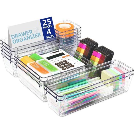 FLITI 25-Pack Clear PS Drawer Organizers, Stackable Storage Bins for Office, Kitchen, Bathroom, 4 Sizes (1/5)