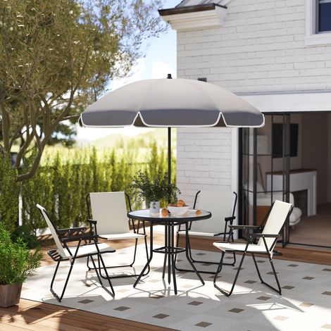 Ensemble jardin acier 6 parties 4 chaises pliantes parasol table ronde, crème gris noir (1/4)