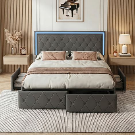 JOOKGBD-Polsterbett 140x200 cm mit LED,Doppelbett mit 4 Schubladen,bett mit Stauraum und Lattenrost,Jugendbett Rückenlehne Bettgestell,Ohne Matratze,PU,Grau (1/5)
