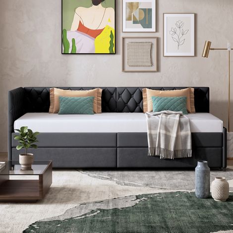 Superaly Lit gigogne 90x200 cm, Canapé Lit 2 places, dossier et accoudoirs Rembourrés, Banquette Lit pour Enfant, Sommier à Lattes, idéal pour les petits appartements,Style Nordique, Velours Beige. (1/5)