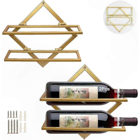 Wandmontiertes, klappbares Weinregal aus goldfarbenem Metall, 2er-Set dekorative Weinhalter, Aufbewahrungshaken für Flaschen und Spirituosen, Wandregal (1/4)