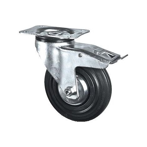 Roulette pivotante à frein sur platine charges légères 3377 charge 75kg roue caoutchouc diamètre 100mm avec moyeu lisse - Tente