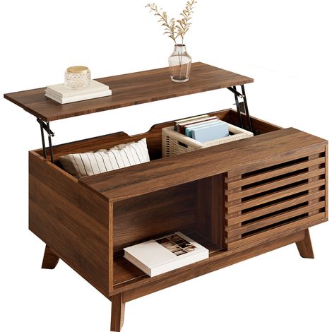 Höhenverstellbarer Couchtisch, versteckte Staufächer, Schiebetüren mit Lamellen, ausziehbare Regalböden, höhenverstellbare Tischplatte, multifunktionales Wohnzimmermöbel, 90 L x 55 B x 57,5 H (cm)