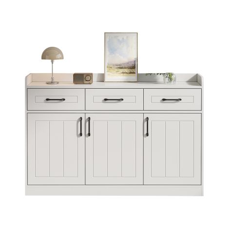 Buffet blanc 120cm, 3 tiroirs 3 portes, étagères réglables design rayé (1/5)