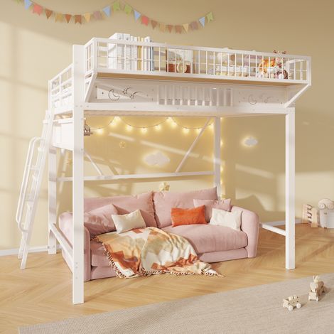 Lit mezzanine enfant 140x200 cm en métal, rangements latéraux, espace ouvert sous le lit, escalier modulable, blanc (1/5)