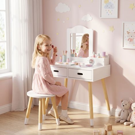 Coiffeuse enfant table de maquillage avec tabouret miroir et 2 tiroirs 3 à 6 ans 60 x 40 x 95 cm blanc et bois