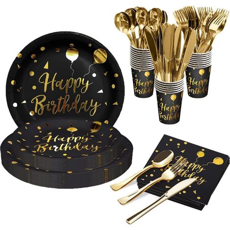 Set di posate da festa "Buon Compleanno" da 175 pezzi per 25 persone, con forchette, coltelli e cucchiai riutilizzabili (nero) (1/5)