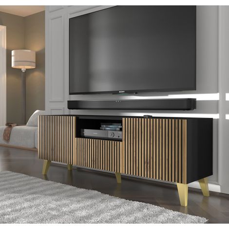 MOBILE RAVENNA P PORTA TV IN MDF VERNICIATO 150 2D1S ROVERE ARTIGIANALE NERO GAMBE ORO
