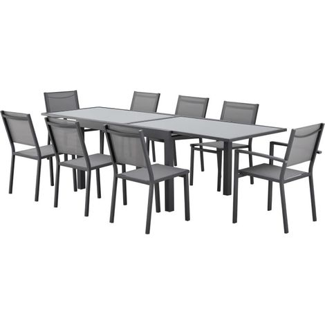 Table de jardin extensible rectangulaire 6 à 10 personnes – Structure aluminium – Plateau verre trempé – Dimensions L 135-270 x H 75 x P 90