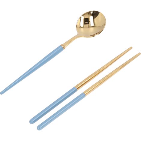 Ensemble de couverts en acier inoxydable réutilisable pour étudiants, boîte de rangement avec fourchette, cuillère et baguettes, idéal pour voyage - Bleu et Or