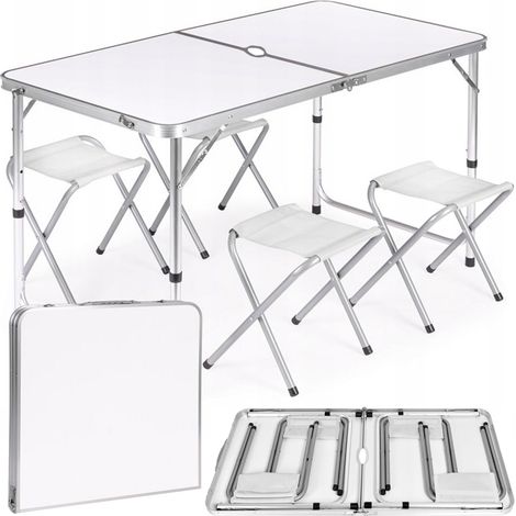 Klapptisch mit Ausklappfläche 120 x 60 cm, Heckermann Weiß + 4 Hocker