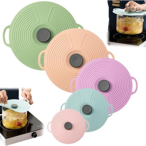Lot de 5 couvercles en silicone pour casseroles et poêles de 32,4/28/23,9/20,9/15,2 cm, couvercles de bol de qualité alimentaire avec poignée, couvercles réutilisables à ventouse (1/5)