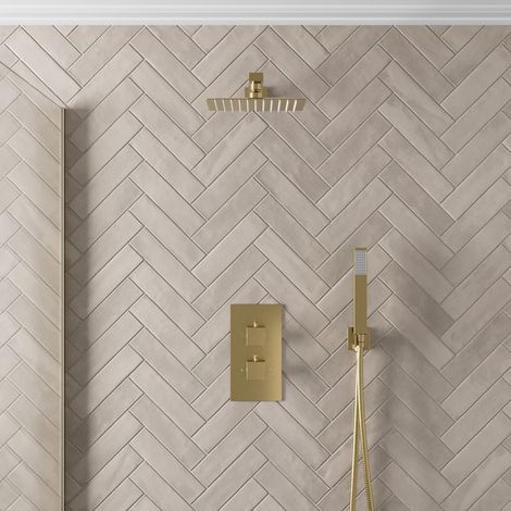 Thermostatic Mixer Shower Square Rainfall Head Handset Valve Wall Mounted Brass (1/5)