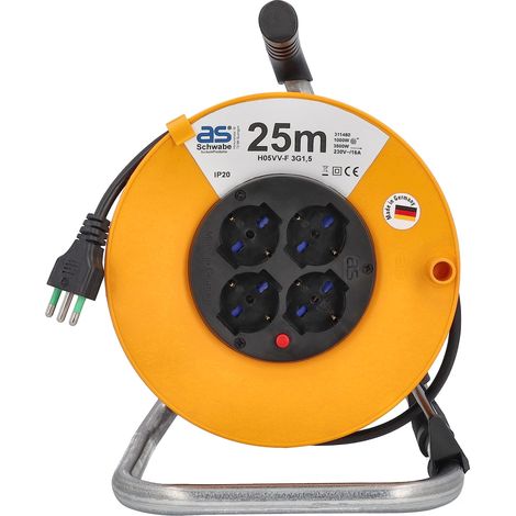as - Schwabe avvolgicavo 25 m - 230V / 16A - avvolgicavo con 4 prese italiane integrate e spina di sicurezza - Bobine per cavo - tamburo per cavi - Made in Germany -IP20 - arancione, 311480 (1/4)