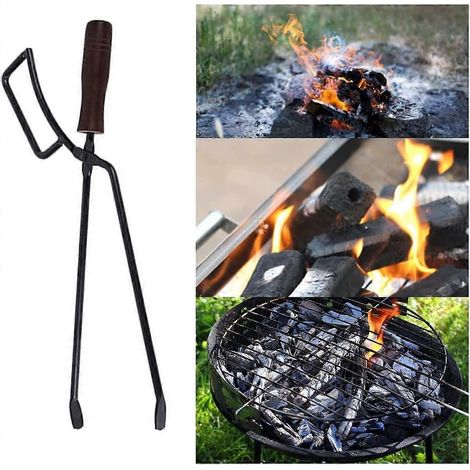 Pince à bûches robuste 40 cm anti‑brûlure, longue poignée, accessoire cheminée et chauffage camping (1/5)