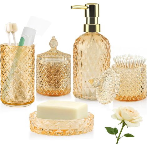 Lot de 5 - Accessoires Salle de Bain - Verre - Distributeur Savon Porte Brosse à Dents - Design Vintage Antidérapant - Pour Maison Moderne - Doré - 350 ml (1/5)