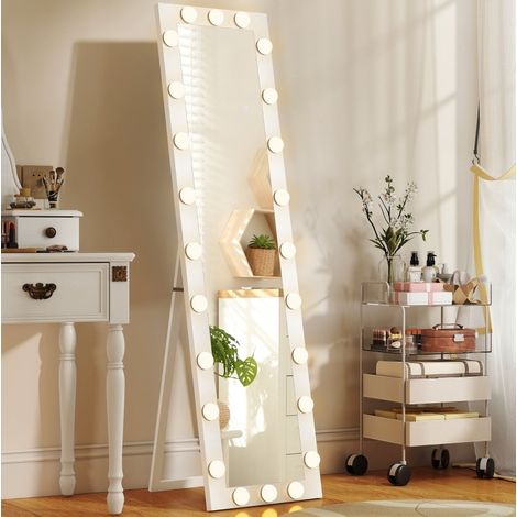 Espejo de pie LED 150 x 40 cm con 24 bombillas, 3 tipos de luz, blanco (1/5)