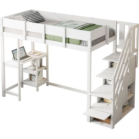 Lit mezzanine 90x200 avec rangement étagères sans matelas blanc (1/5)