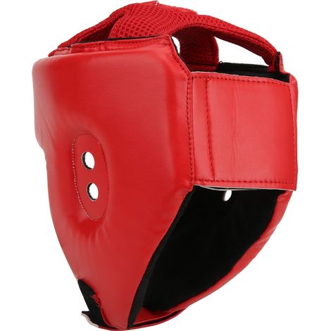 Casque de boxe en cuir PU, réglable, avec protection de tête, pour l'entraînement de kickboxing et la défense, rouge, taille S. (1/5)