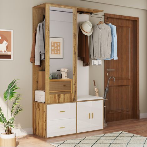 Garderobenset 100x38x180 cm Weiß/Natur aus Spanplatte mit Spiegel, Schuhbank und ausziehbarer Kleiderstange (1/5)