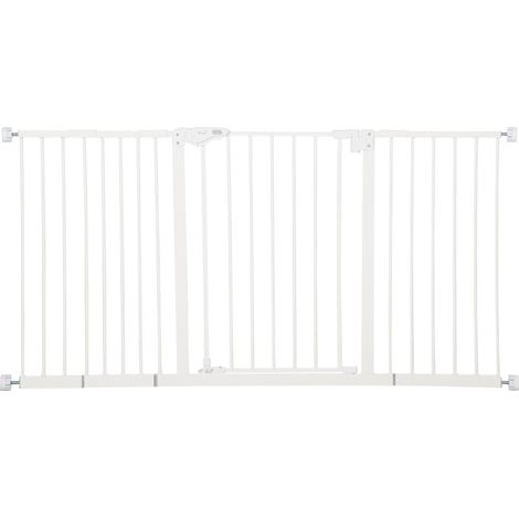 Barrière de sécurité pour chien, barrière pour animaux de compagnie, 74-147,5 cm, 3 extensions, barrière d'escalier, sans perçage, en métal, blanche (1/5)