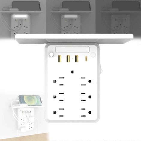 Multiprise murale avec étagère intégrée, prise plate, port USB, adaptée à une utilisation à domicile et au bureau, et offrant une protection contre les surtensions. (1/5)