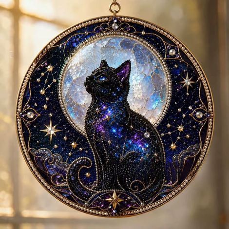 Stilvolles, tragbares und lustiges neues Katzen-Fensterhänger-Set – Schwarze Katze DIY-Materialset – D –
